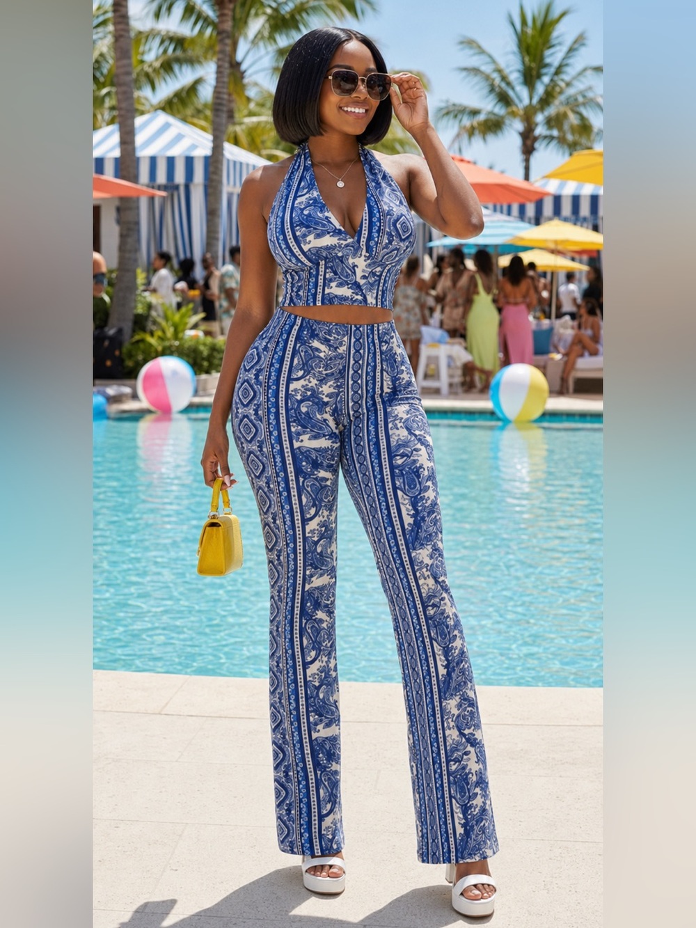Baddie Blue Paisley Halter Crop Top with Wide-Leg Pants Set